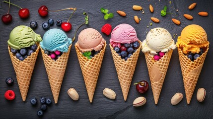 Various of ice cream flavor in cones blueberry ,strawberry ,pistachio ,almond ,orange and cherry setup on dark stone background . Summer and Sweet menu concept