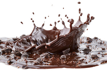 Fototapeta premium A tantalizing splash of rich, melted chocolate frozen in time, surrounded by decadent chocolate chips on a clean white background.