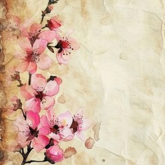 Watercolor Painting of Pink Cherry Blossoms on Vintage Paper