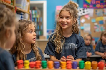 Teacher explaining math concepts to children, classroom setting, engaging learning environment. Generative AI