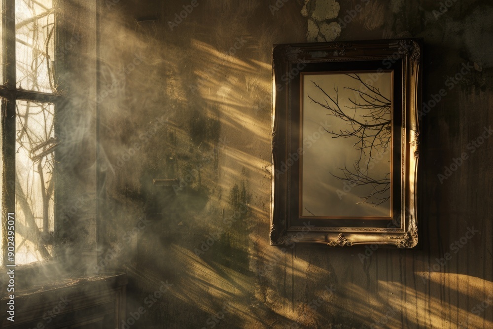 Poster a picture frame hangs on the wall next to a window with natural light