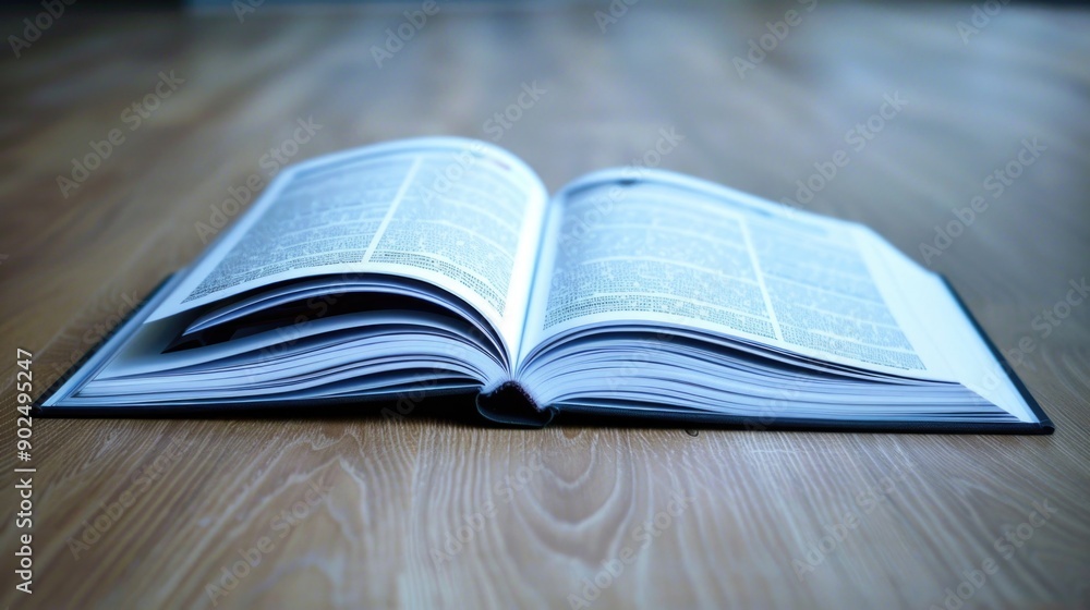 Poster a book lying open on a rustic wood surface