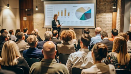 Obraz premium Back view of audience in the conference hall or seminar meeting with large media screen showing video presentation of business, workshop, conference, event concept