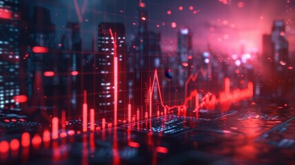 Fototapeta premium Abstract financial data visualization over cityscape with red graphs and charts representing stock market analysis and trends.