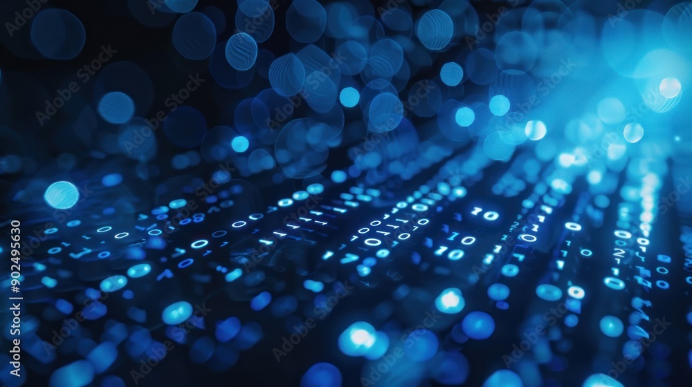 Poster abstract blue binary code with bokeh lights