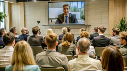 Back view of audience in the conference hall or seminar meeting with large media screen showing video presentation of business, workshop, conference, event concept