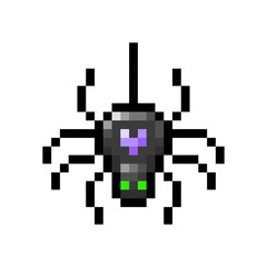 Black spider with green eyes hanging on a web isolated on transparent background. Halloween character icon. Vector pixel art illustration in 16 bit old style.