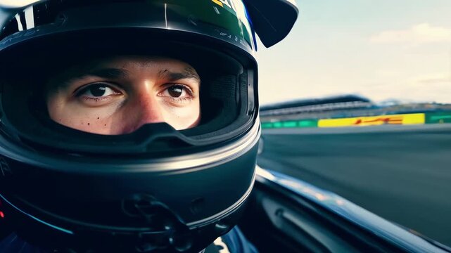 Motorsport. Fast racer competes in high-speed racing on the track. Close-up of race car driver wearing helmet. Extreme motor sport. Road background.