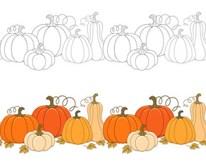 Seamless horizontal ornament of ripe whole pumpkins, multicolored and line vector border, decorative element for greeting card, banner and other decorations.