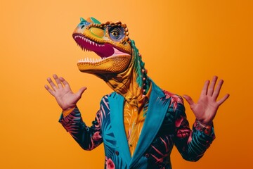 Freak in dinosaur mask dancing, masquerade, absurd carnival, having fun in costume party, weird mask head