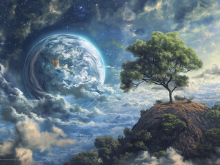 Earth with headphone on light background