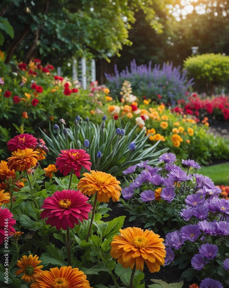 Poster garden with colorful flowers backgroundvertical background vertical shot