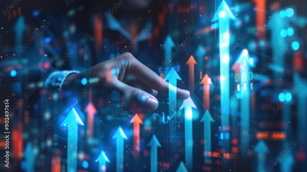 Poster hand interacting with upward arrows and data on a futuristic interface