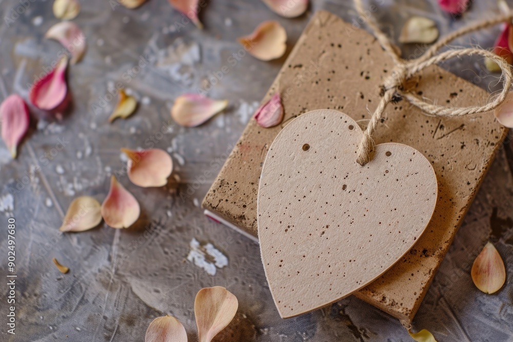 Poster a wooden heart hangs from a string surrounded by delicate petals, a symbol of love and affection