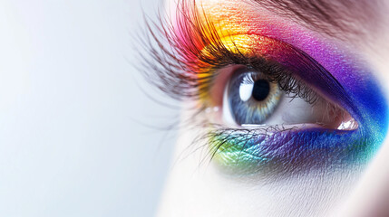 Close-up of a colorful rainbow woman eye isolated, gay LGBTQ pride concept