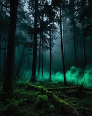 Fototapeta premium green mist in forest night backgroundvertical background vertical shot