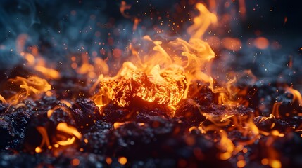 close up fire smoke, fire flames dark background.