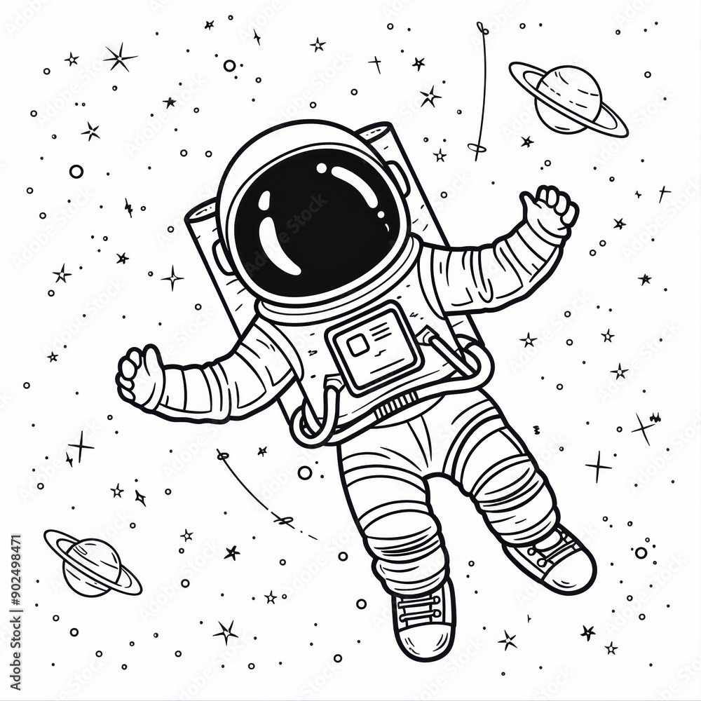 Poster astronaut floating in space surrounded by stars and planets. coloring book line art design vector il