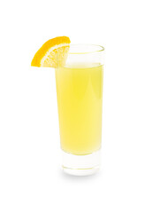 Italian organic homemade limoncello liqueur made from zest of lemons served in one shot glass decorated with citrus fruit slice as after dinner sweet digestive dessert isolated on white background