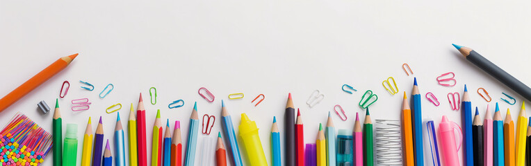 Naklejka premium Panorama of colorful school supplies isolated on white background