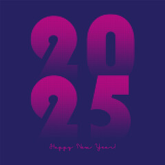 2025 Numbers with magenta circular halftone dot pattern texture. Happy New Year. Vector half tone illustration. Holiday square poster on blue background