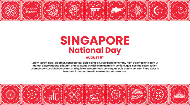 Art & Illustration Festive Singapore National Day Celebration Banner with Traditional Motifs and Cultural Symbols