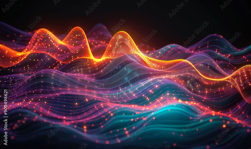 Poster abstract representation of financial data in neon colors, futuristic 3d line graphs, business analyt