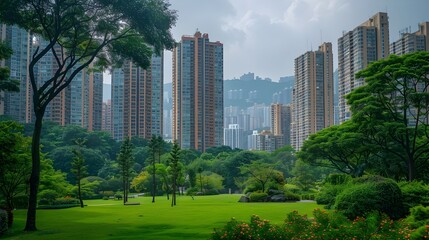 Fototapeta premium Towering Skyscrapers Embrace Verdant Urban Park in Vibrant Cityscape