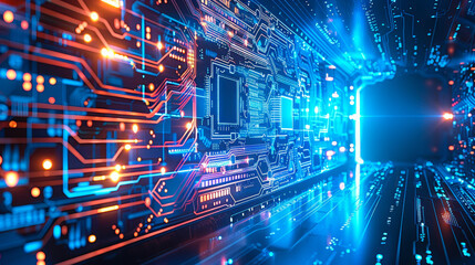 High-Tech Circuit Board with Glowing Blue and Orange Connections in Futuristic Digital Environment at Night, Concept of Innovation and Advanced Technology