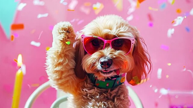 Happy Cute Labradoodle Dog Celebrating at a Birthday Party