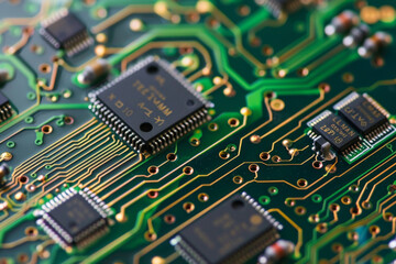 Obraz premium Close-up of Integrated Circuits on a Green Printed Circuit Board