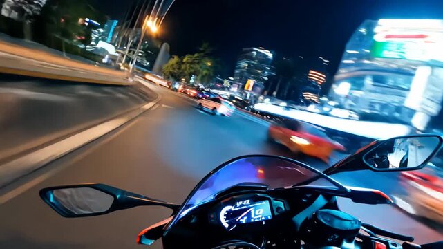 Motorcyclist rides bike through the city at night. Motorcycle point of view. Motorbike rider rides through the urban street. Evening lighting. Fast speed motorbiker pov feel freedom.
