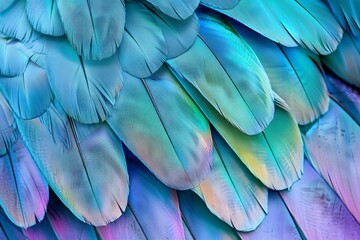 Blue Color Feathers Background, Rainbow Tint Colored Plumage, Scaly Wings Texture, Copy Space