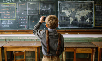Boy Photographing Classroom Blackboard with Lessons and Maps in Brightly Lit School Setting During Daytime