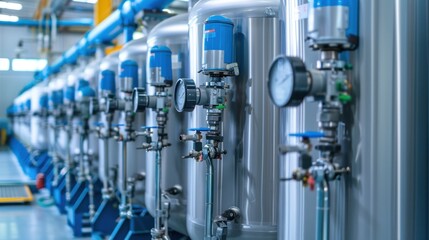 Industrial Tanks with Gauges and Valves in a Factory Setting