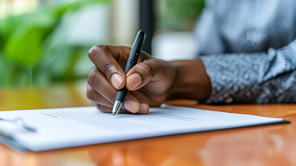 Detailed Close-up of Hand Writing with Pen on Paper at Desk