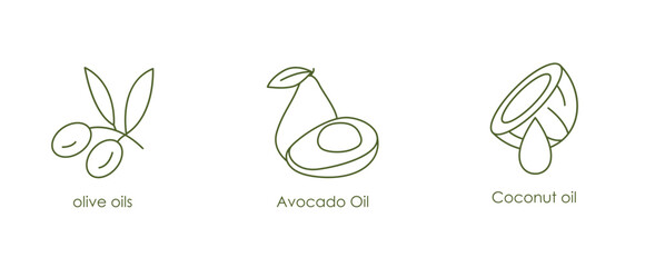 Nourishing Oils Vector Icons: Olive, Avocado, Coconut