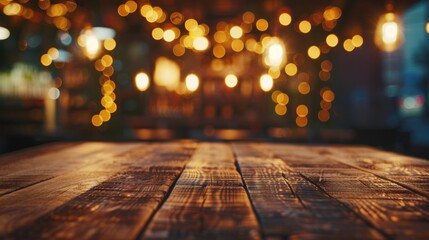 Close-up of a Wooden Tabletop with Blurry Golden Lights in the Background