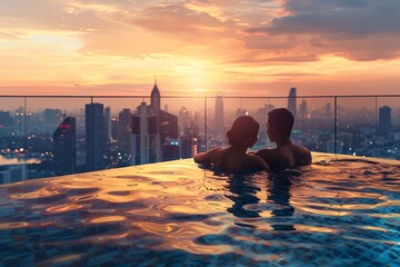 A couple enjoying a romantic moment in a luxurious rooftop pool, with cityscape views and golden sunset lighting, celebrating their honeymoon.