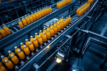 Aerial view of a conveyor belt with juice bottles in a blue-hued beverage factory, showing the intricate network of industrial production.