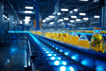 Fototapeta premium Close-up of a conveyor belt system in a beverage factory, transporting juice bottles under blue fluorescent lights, highlighting the efficiency of production.