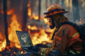 Close-up of a dedicated firefighter in safety gear, operating a heavy-duty laptop while managing a critical report on an ongoing forest fire.