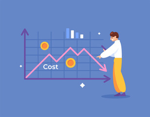 Obraz premium cost reduction and budget concept. business costs are getting smaller or decreasing. illustration of entrepreneur trying to reduce business operating costs. flat style design. graphic elements