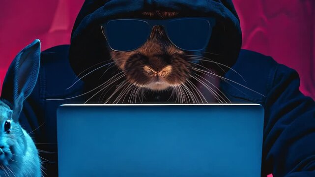 Hacker Bunny in Hoodie with Laptop with Ai generated.
