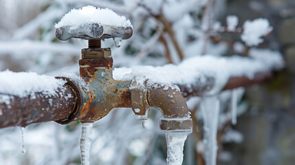 Close up of a frozen, ice-covered old faucet in winter, snowy weather outside
