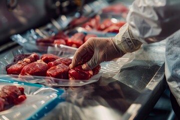 Hands of a skilled worker sealing freshly cut meat portions in plastic packaging at a food processing facility.