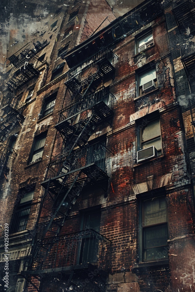 Poster abandoned structure with rusty fire escape stairs