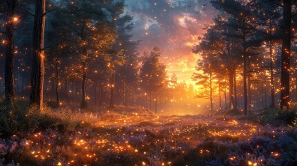 A magical forest with luminescent plants and creatures, creating an enchanting and vibrant scene under a twilight sky