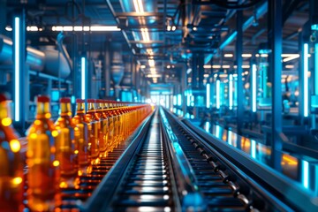 Fototapeta premium Modern beverage factory interior with a conveyor belt carrying juice bottles, under blue light that accentuates the advanced technology and cleanliness of the facility.