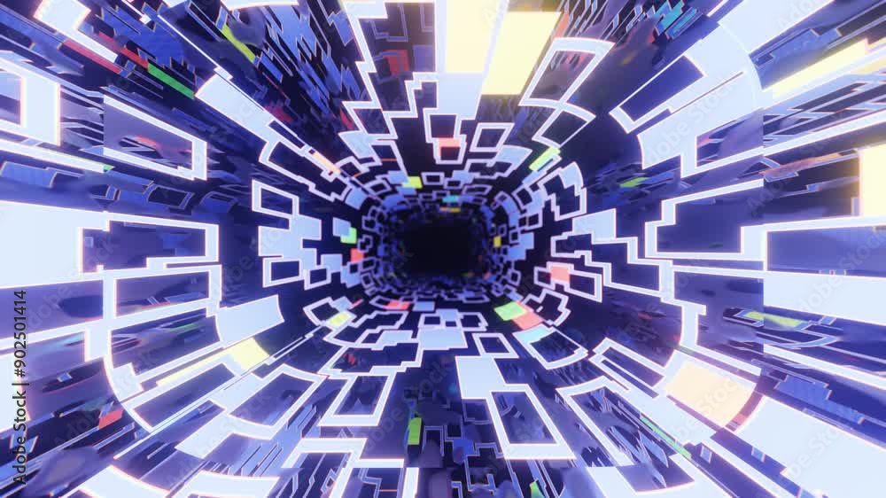 Poster 4k seamless looped animation. fly through mirror tunnel with neon pattern, glow lines form sci fi pa